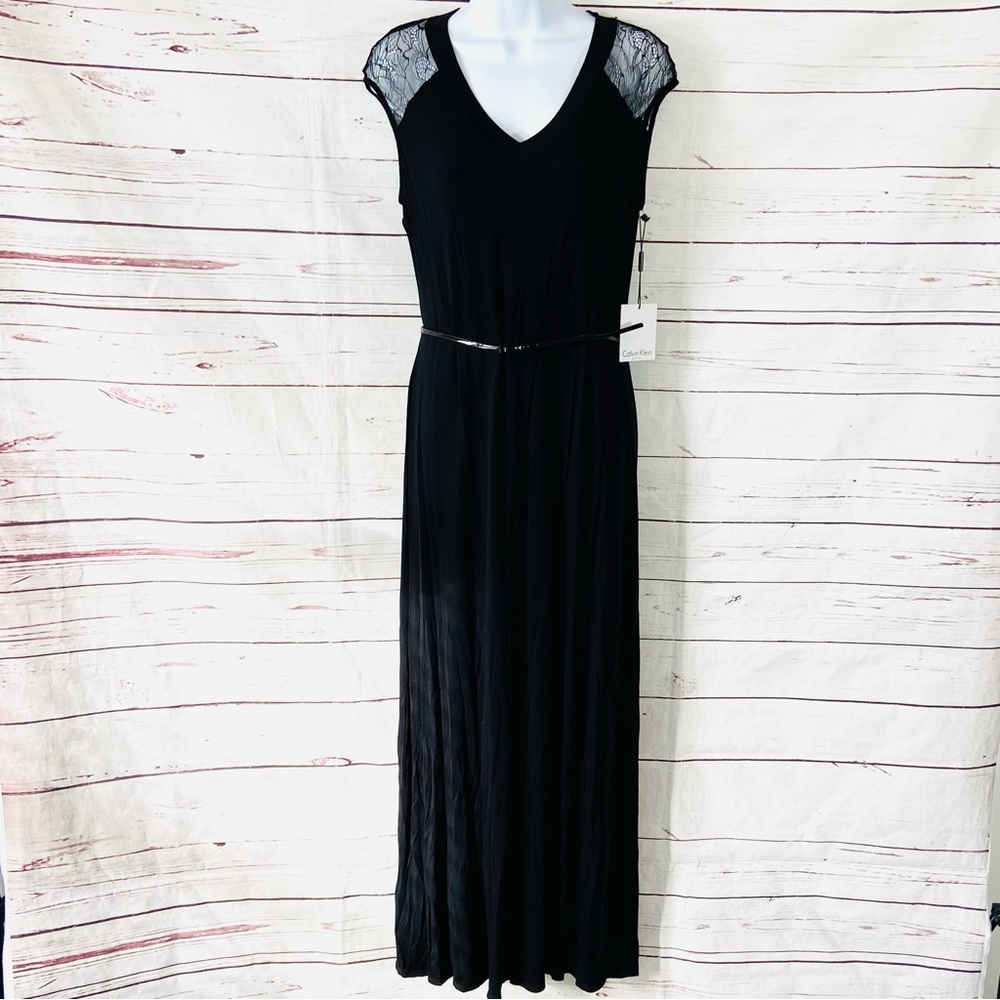 Calvin Klein Dress Women’s 8 Black Maxi T-Shirt Lace Sleeves Stretch